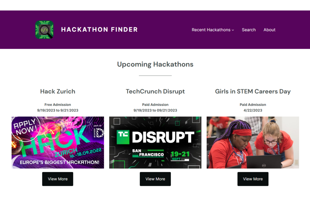 Hackathon Finder homepage